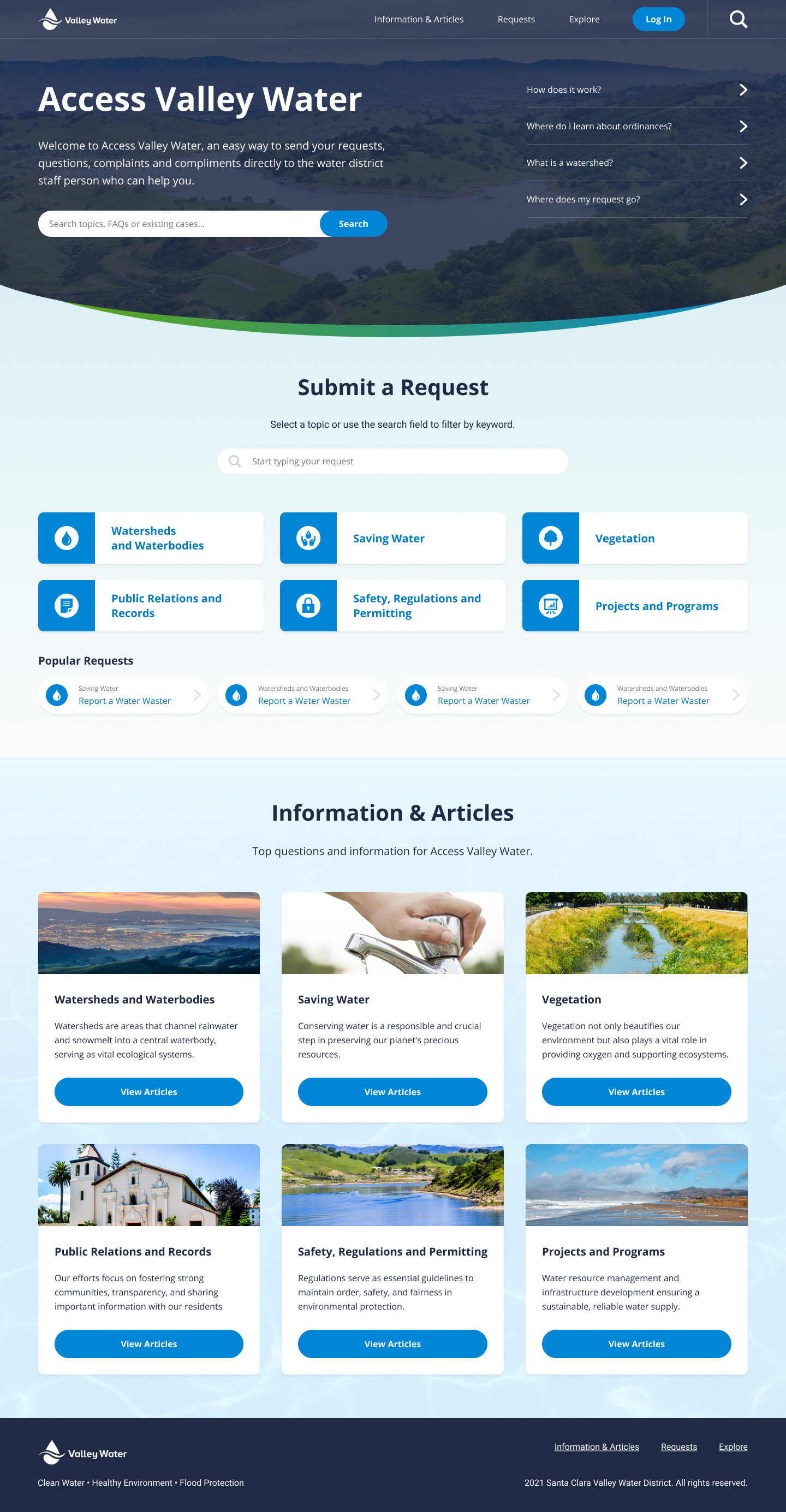 Screenshot of the Access Valley Water website home screen.