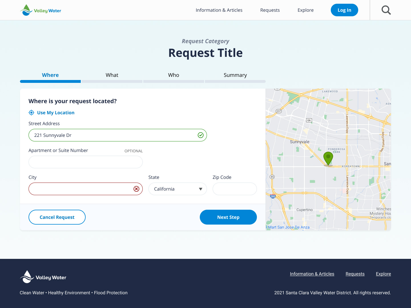 Screenshot of the Access Valley Water website request intake, a form where you input information about your request.
