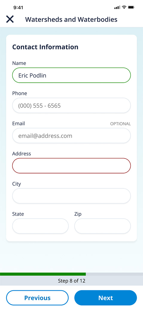 Screenshot of the Access Valley Water request input screen, several field forms where you input your information.