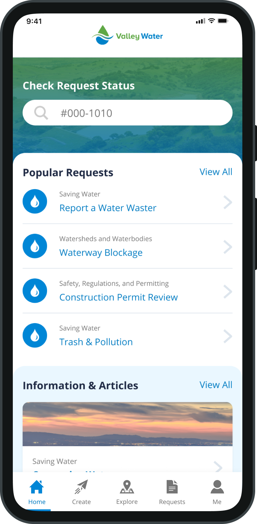 Phone mockup of the Access Valley Water home screen.
