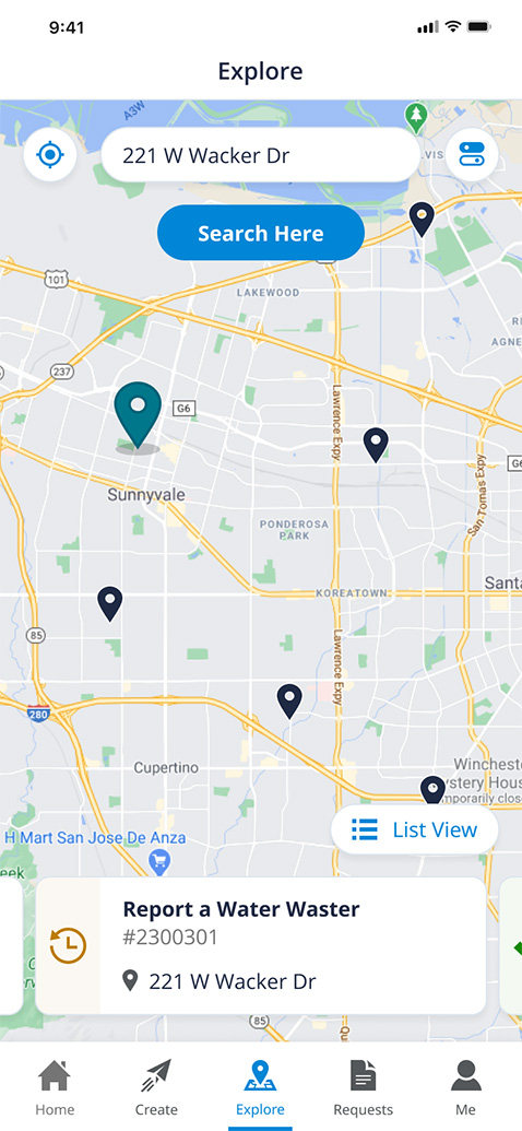 Screenshot of the Access Valley Water request map, multiple requests with markers can be seen clustered together with information on each request.