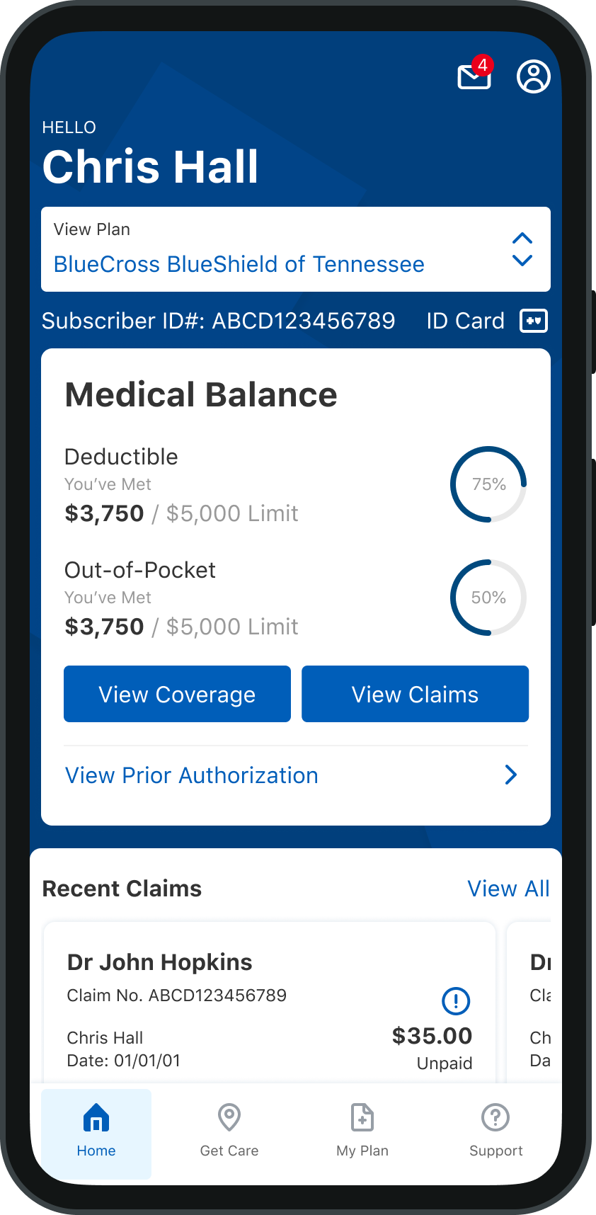 Phone mockup of the BCBST app home screen.