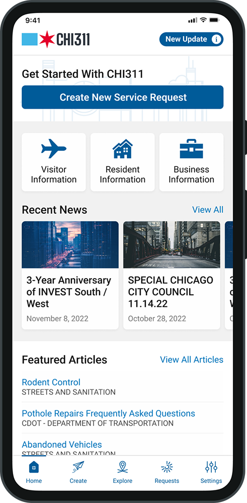 Phone mockup of the CHI311 home screen.