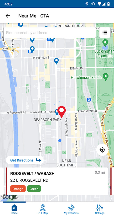 Screenshot of the CHI311 app showing a map with nearby CTA stations.