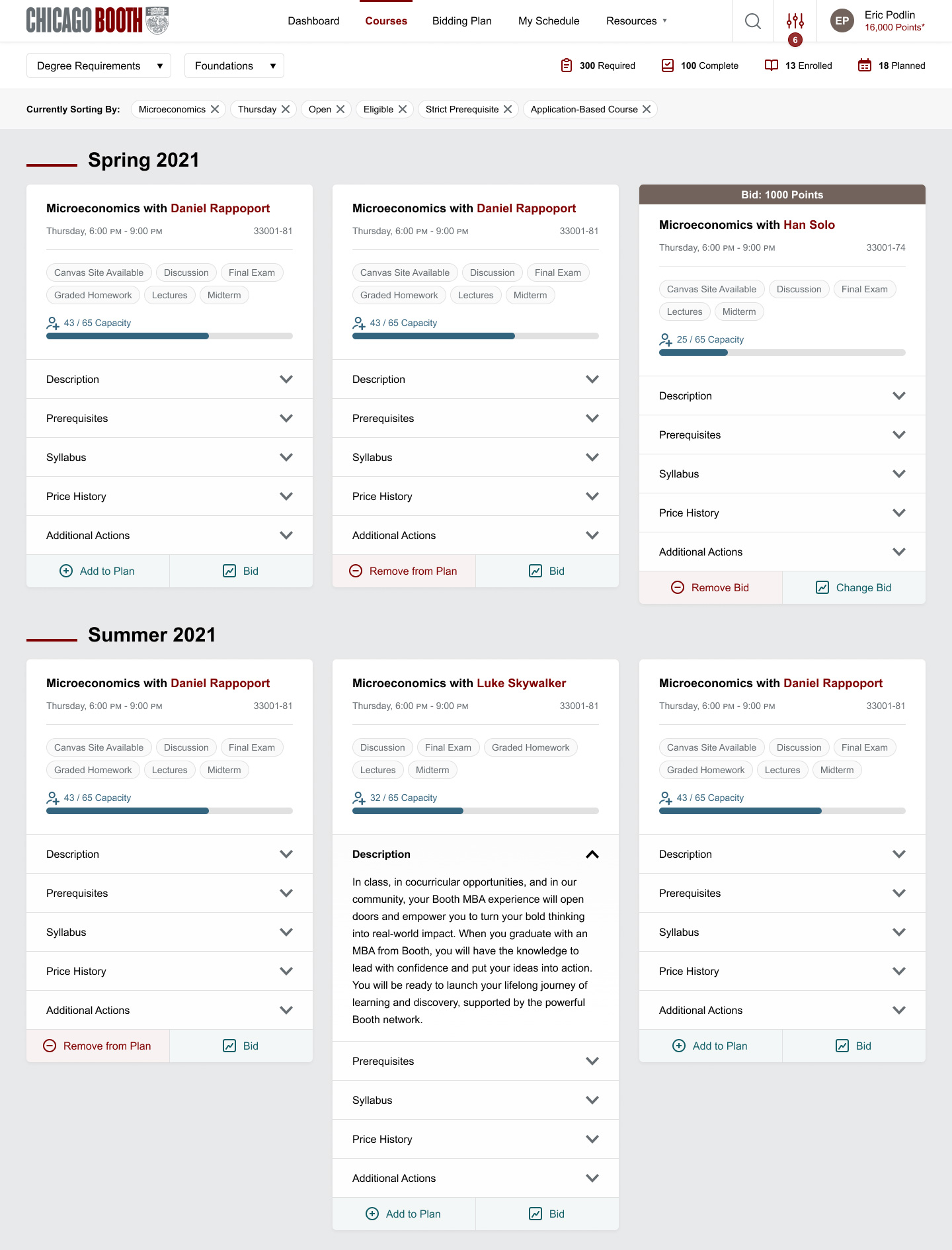 Screenshot of the Booth Book course bidding on desktop, many courses are available to bid on and add to a student's schedule.