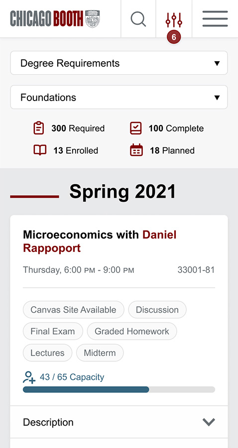 Screenshot of the Booth Book course bidding on mobile, filter options and a card with course information is visible.