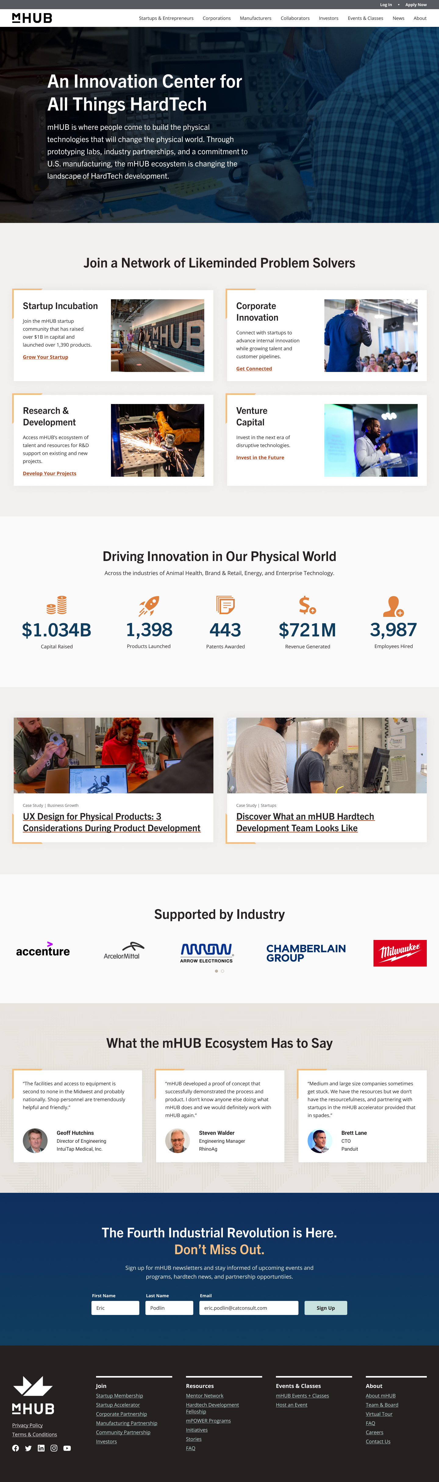 Screenshot of the mHUB homepage on desktop, a full-scale image showing the entire page.